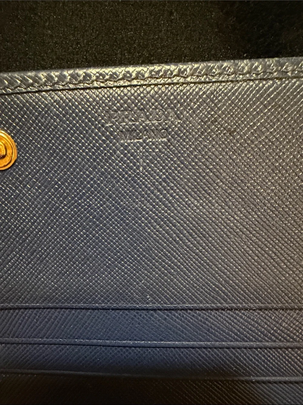 Prada Navy Blue Saffiano Leather Continental Wallet with Gold Logo